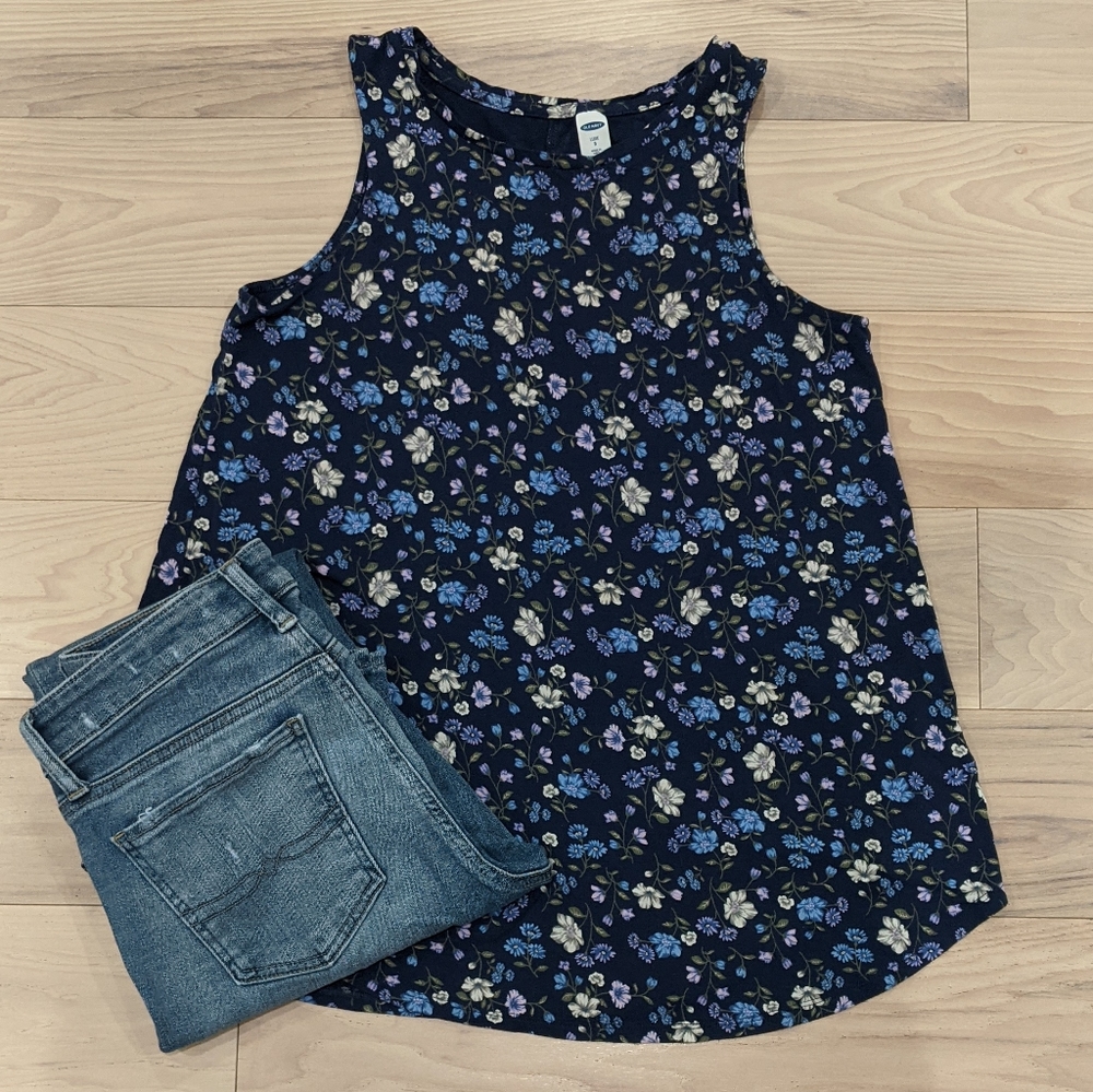 Navy Blue Floral Tank Top